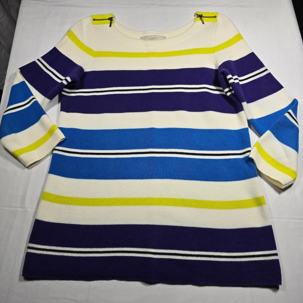 Ann Taylor LOFT Womens XS Striped Sweater Cotton Knit Boat Neck Shoulder Zippers